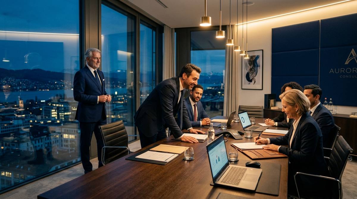 Sala de reunião à noite, com executivos ao redor de uma mesa longa e a cidade iluminada ao fundo